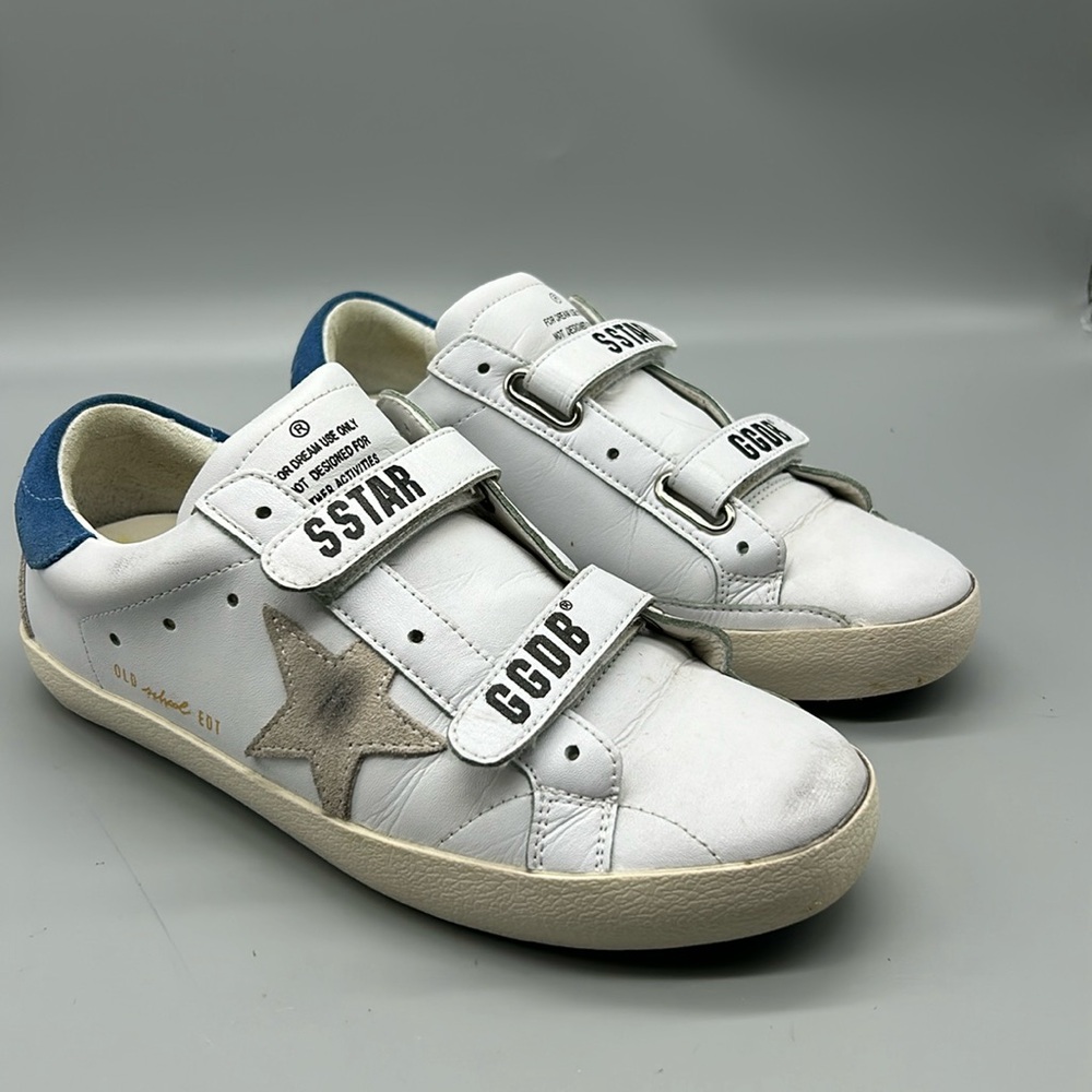 Golden Goose Old School Superstar Sneaker White Leather/ Blue suede Heel sz 7.5